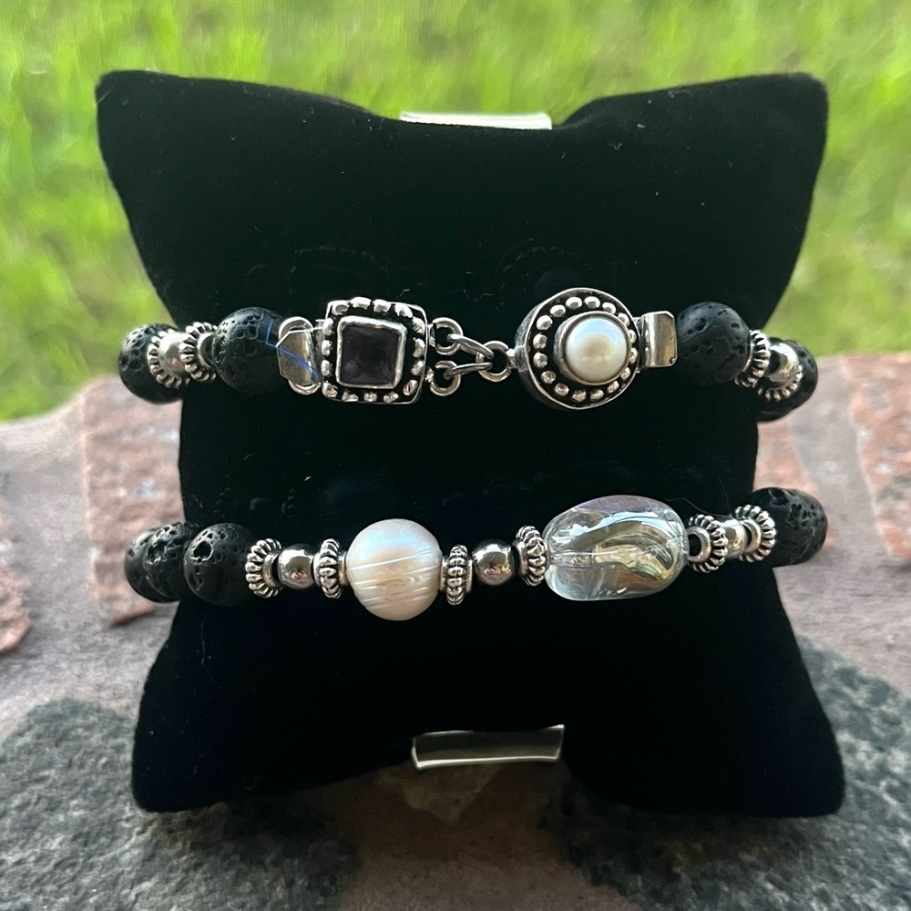 Genuine Gemstones bracelets set amethyst , pearl &  aura crystal + lava rock - Picture 14 of 16